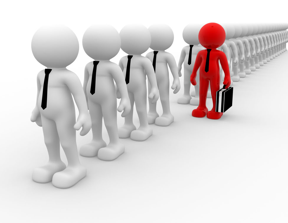 A line of people with one standing out from the others