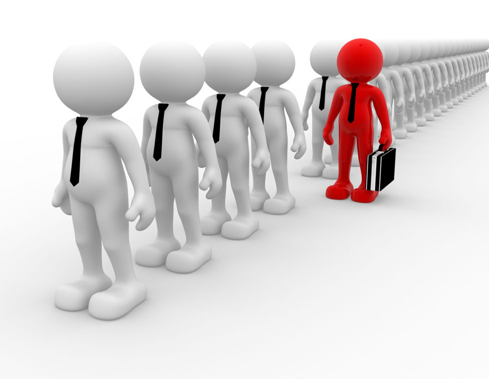 A line of people with one standing out from the others